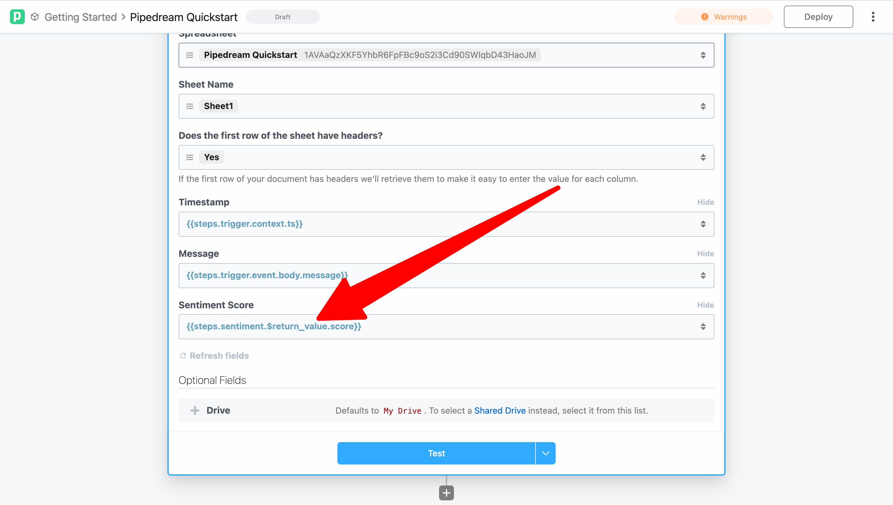 Paste reference to sentiment score